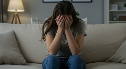 Obraz premium Upset Young Woman Sitting on a Couch Holding Her Face in Her Hands in Emotional Distress.