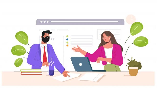 Flat vector scene animation showcasing a job interview scenario, with characters participating in an interview process, highlighting the questions, answers, and professional demeanor.