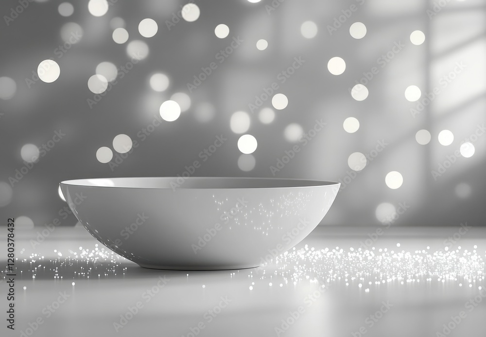 Aufkleber elegant white bowl with soft bokeh background and sparkling dust in a minimalistic setting for creat