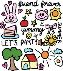 Hand drawn crayon illustrations of bunny, bear, sun, ribbon, sunflower, tree, cake, apple, home, cloud, fried egg, star, heart for animal cartoon, character, zoo, spring and summer, picnic, cute patch