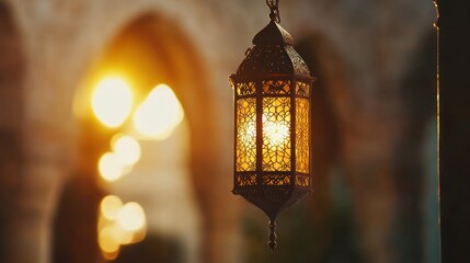 A beautifully crafted Moroccan-style lantern glows warmly against a blurred background of an arched structure, evoking a serene and spiritual ambiance