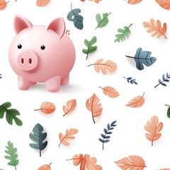 Realistic, seamless pattern, piggy bank, isolated on white background.