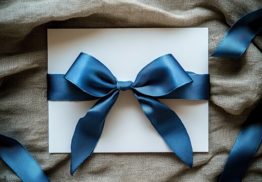 Elegant white envelope with a silky blue ribbon bow on a textured cloth background, perfect for invitations or special occasions and events