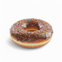 Chocolate glazed donut with colorful sprinkles on transparent background