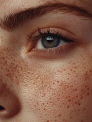 Fototapeta premium Beautiful freckled face showing amazing blue eye and eyebrow
