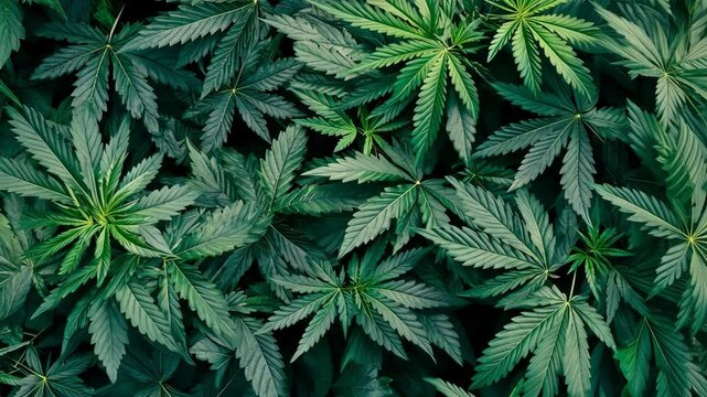 Lush green cannabis leaves densely arranged in a natural setting during daylight hours