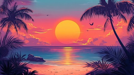 A vibrant sunset over the ocean, framed by palm trees, creating a tranquil and picturesque tropical scene.