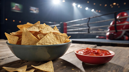 Crunchy tortilla chips and salsa snack during boxing match.