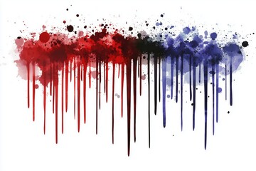 Dramatic dripping red, black, and blue paint splashes on white background. Grunge art effect. Edgy design