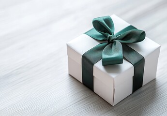 Elegant White Gift Box with Green Ribbon on Light Wooden Background, Perfect for Any Occasion or Celebration, Beautifully Wrapped Present