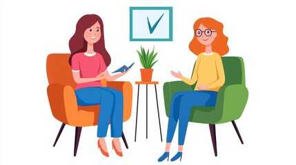 Two Women in Armchairs Engaging in Lively Conversation