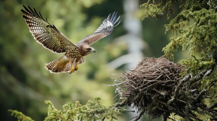 Obraz premium Brown Hawk Flying Near Nest in Lush Green Forest