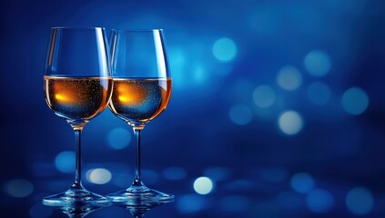 Elegant wine glasses filled with sparkling drink against a soft blue background featuring beautiful bokeh effects for celebration and occasion themes