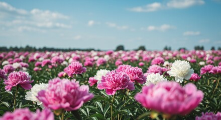 Obraz premium Vibrant Field of Pink and White Peonies Blooming Under a Clear Blue Sky.