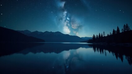 A serene night sky with the Milky Way galaxy visible above a calm lake, surrounded by silhouetted mountains and trees, reflecting the starry sky on the water's surface.
