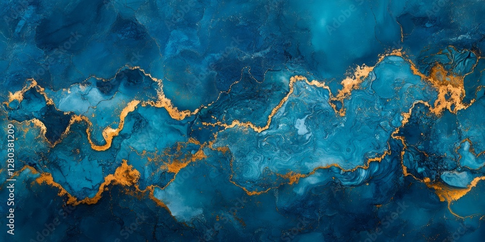 Poster flowing golden veins creating stunning patterns in a deep blue ocean abstract