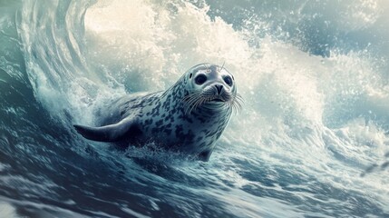Playful Seal Pup Riding an Ocean Wave