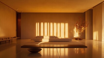 Fototapeta premium A beautifully designed minimalist living room with soft lighting and wooden