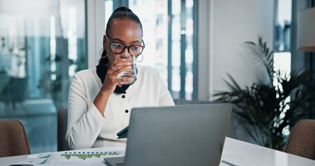 Office, water and woman with laptop, thirsty and wellness for employee with glass, hydration and...