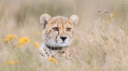 Obraz premium Cheetah cub wearing a tracking collar rests in a grassy field with wildflowers during the day.