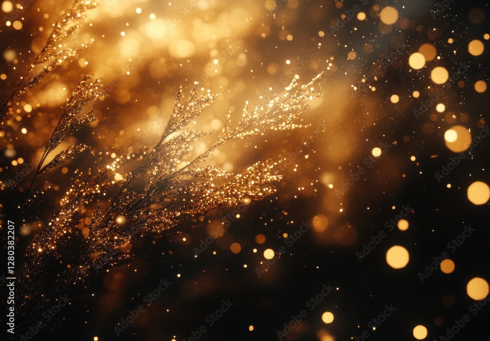Poster Enchanting Golden Bokeh Effect with Sparkling Lights and Delicate Botanical Elements for Magical Ambience and Inspirational Background Use