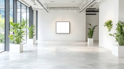 Obraz premium Modern gallery interior, blank canvas, plants, city view