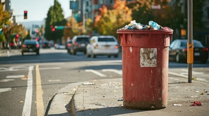 Naklejka premium A garbage can overflowing with trash on a busy street corner.