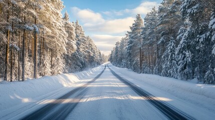Obraz premium Snowy winter road journey through pine forest serene landscape scenic viewpoint nature photography