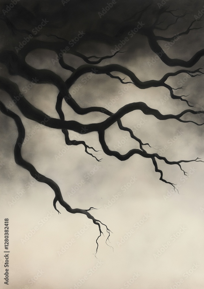 Poster black and white photograph of a tree branch. the branch is twisted and twisted, creating a sense of 