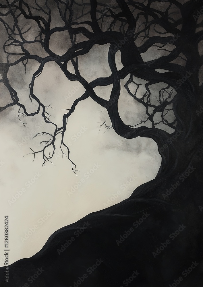 Poster black and white illustration of a tree with twisted branches. the tree appears to be in a foggy or m
