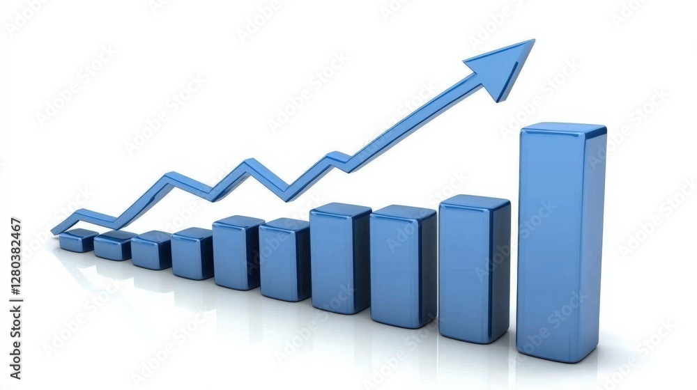 Poster blue bar graph showing upward trend in data analysis with increasing values and growth indicators