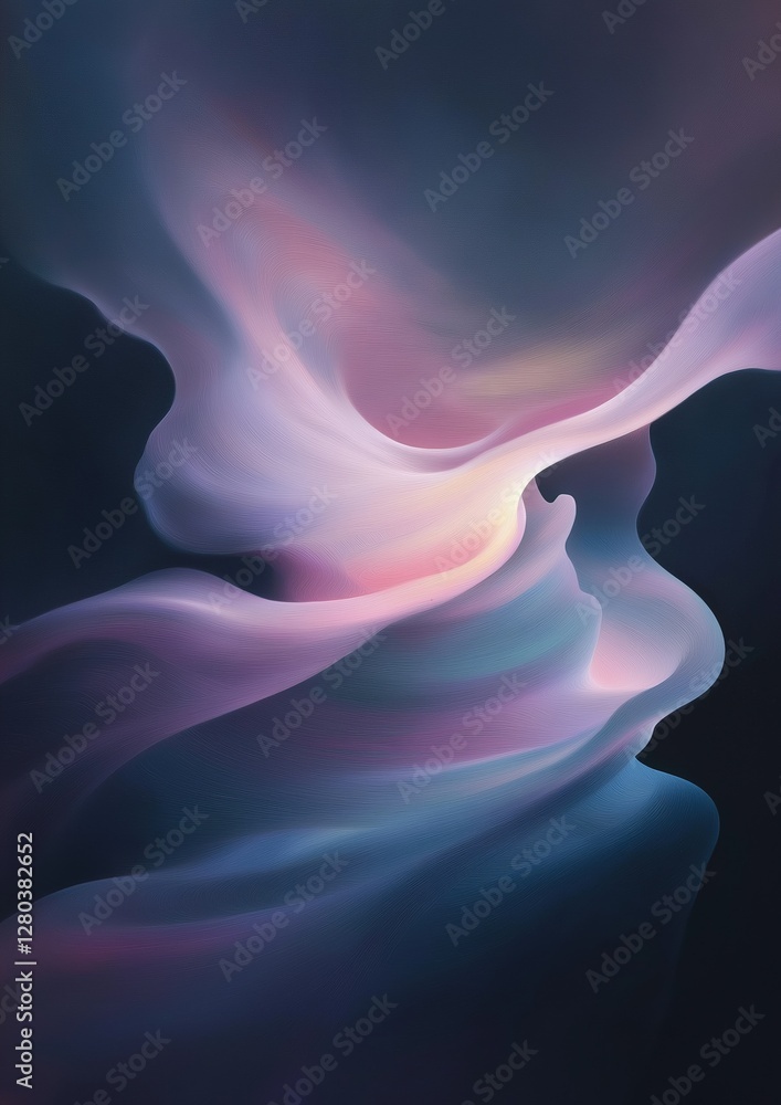 Poster abstract digital art piece with a dark background. the background is a gradient of dark blue and pin