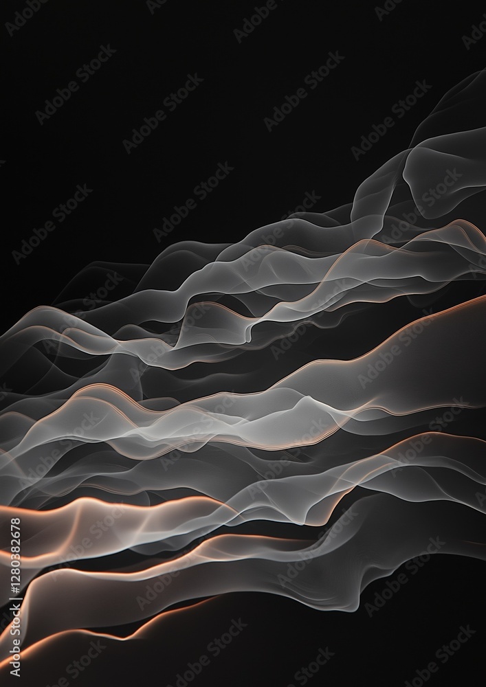 Poster abstract digital art piece with a black background. it features a series of wavy lines in different 