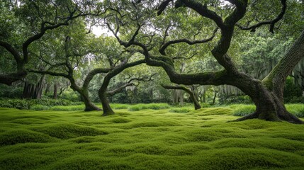 Fototapeta premium Enchanted green meadow under sprawling trees, a serene forest vista