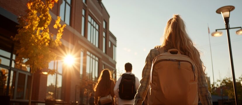 Three young Caucasian adults with backpacks walk away from the camera toward a sunlit brick building