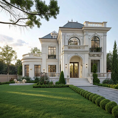 Fototapeta premium pavilion in the park, Old white colored town house with green lawn