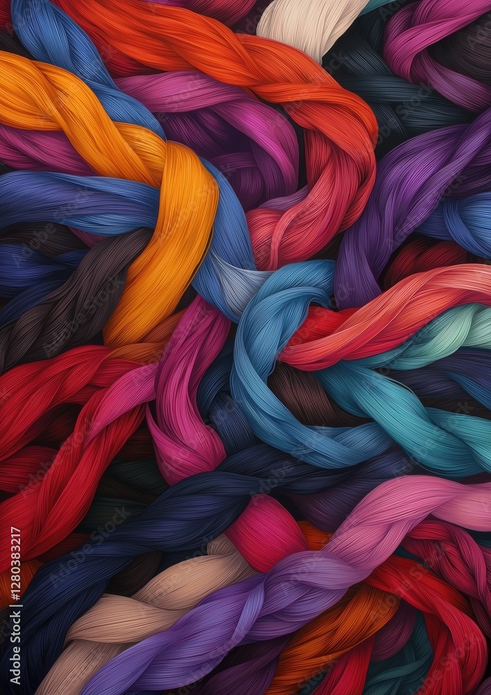 Poster abstract digital art piece that appears to be made up of multiple strands of yarn in different color