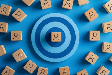 Targeted Customer Focus, Blue Background, Wooden Person Icons