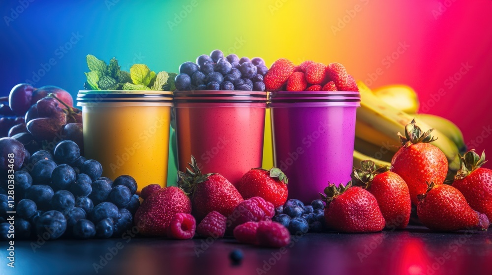 Poster vibrant display of assorted fruits in colorful containers against a rainbow backdrop