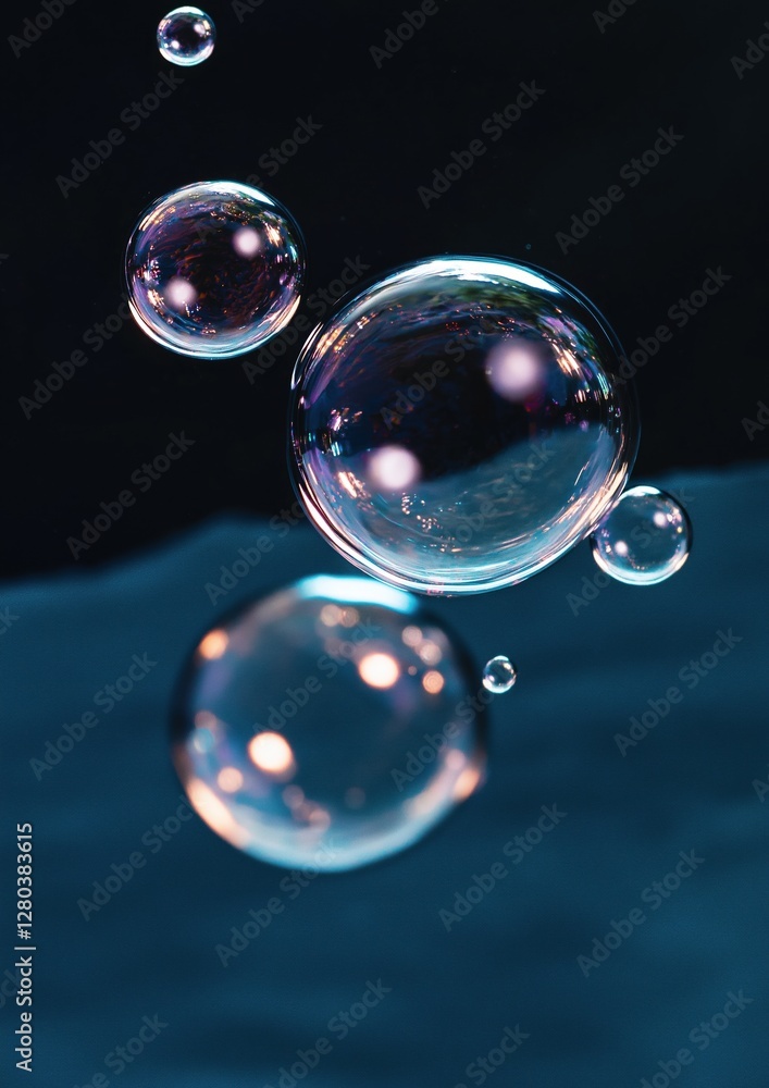 Poster three soap bubbles floating in the air against a dark blue background. the bubbles are of different 