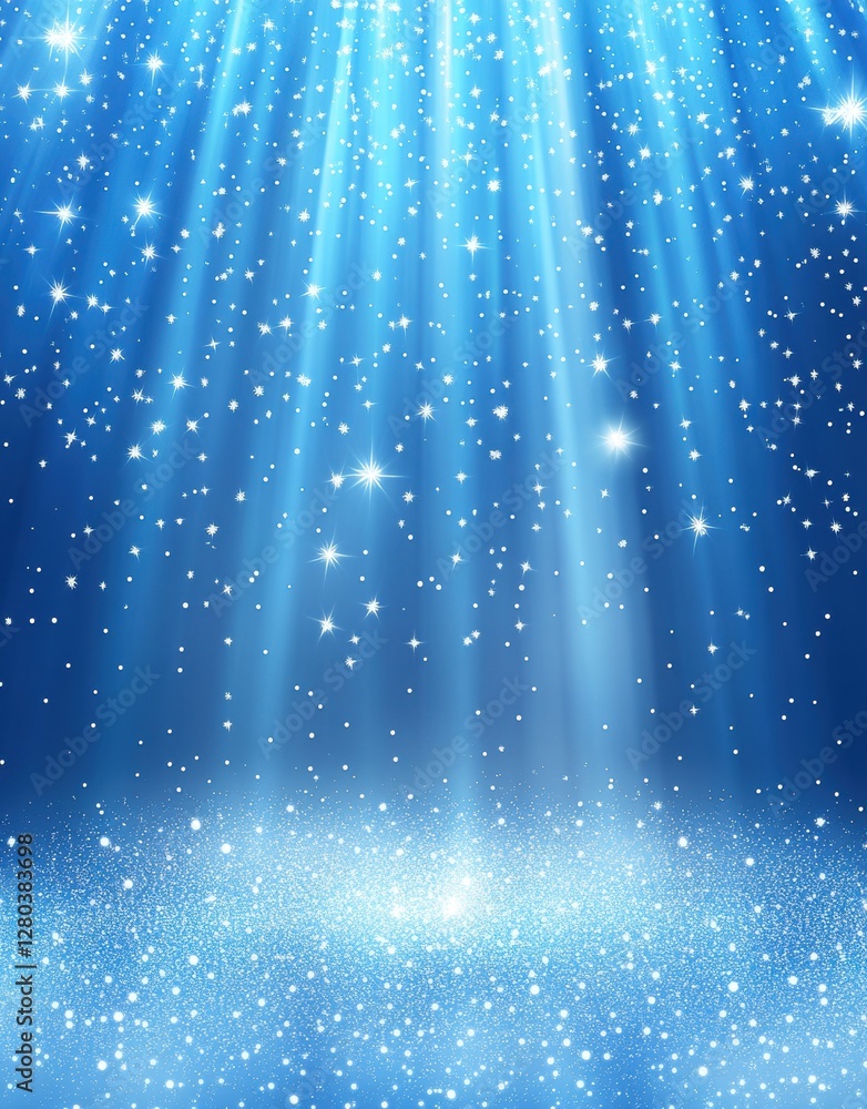 Poster ethereal blue background with sparkling stars and rays of light shining down creating a mystical and
