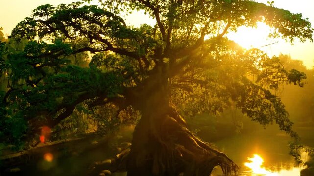 Tilt down, golden hour sunlight, the camera tilts down from the leafy canopy of a lone banyan tree emerging from a tropical river, its aerial roots touching the water, insects buzz in the warm air