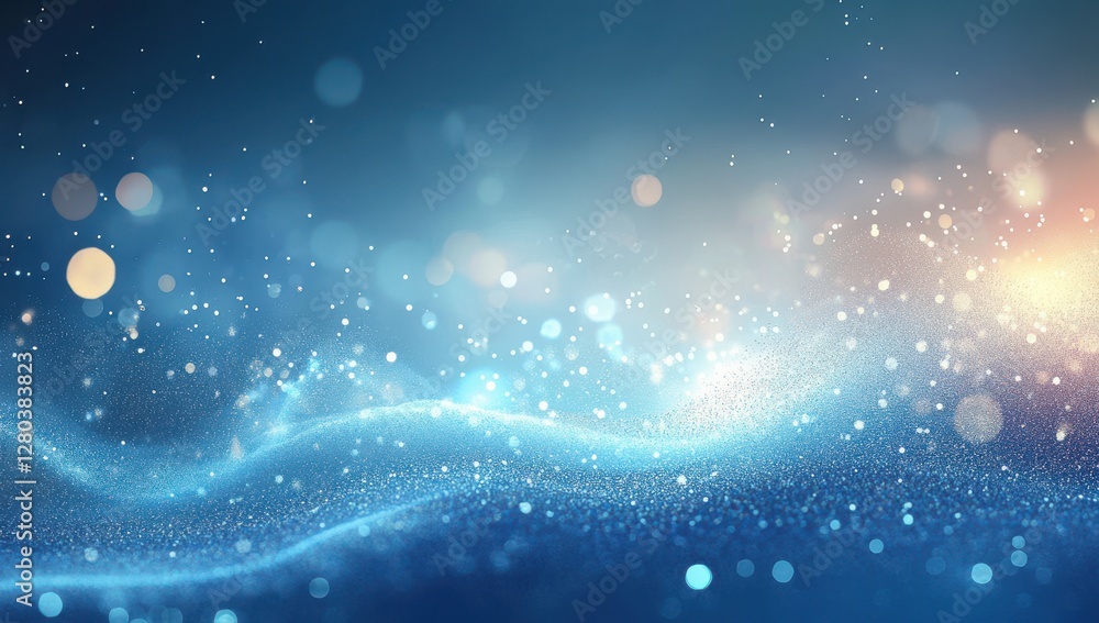 Poster ethereal blue background with sparkling lights, soft bokeh effect, and fluid textures for abstract a