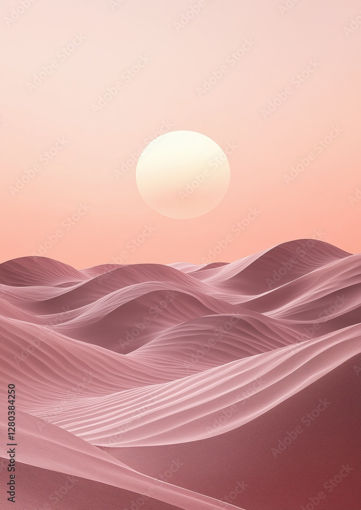 Poster abstract landscape with a pink and orange gradient background. the sky is a soft peach color and the
