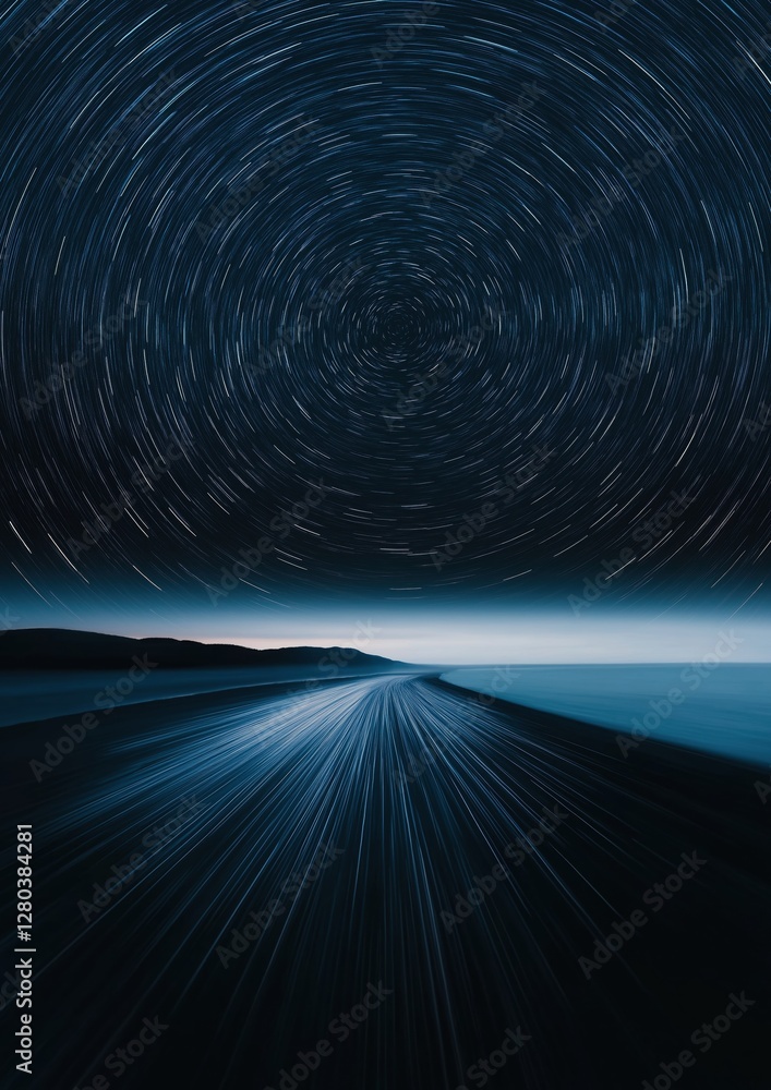 Poster Long exposure photograph of a star trail in the night sky. the star trail is made up of multiple lines that form a circular pattern, creating a tunnel-like shape.