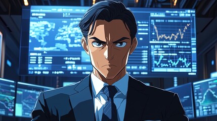 Fototapeta premium Analyst presenting charts in a meeting, high-tech screens, determined gaze