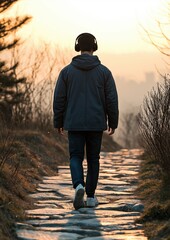 Obraz premium Person walking on a stone pathway in a park. the person is wearing a black jacket, blue jeans, and white sneakers. they are also wearing headphones on their head.