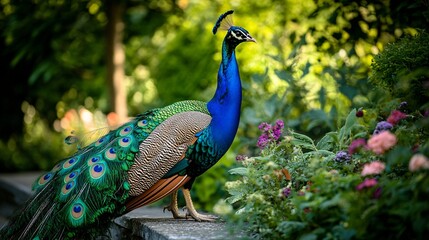 Fototapeta premium Majestic Peacock Displaying Vibrant Feathers in Lush Garden Setting Surrounded by Colorful Flowers and Greenery in Natural Habitat