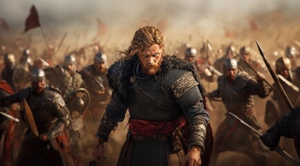 Obraz premium courageous warrior stands at the forefront, rallying a massive army clad in armor, ready for combat. Tension fills the air as they prepare for an epic confrontation in an expansive battlefield