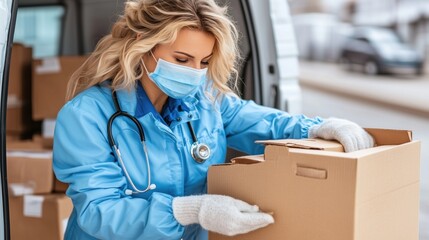 healthcare worker in a blue uniform and mask efficiently loads a box of medical supplies into a delivery vehicle. urban backdrop hints at a bustling city with blurred surroundings